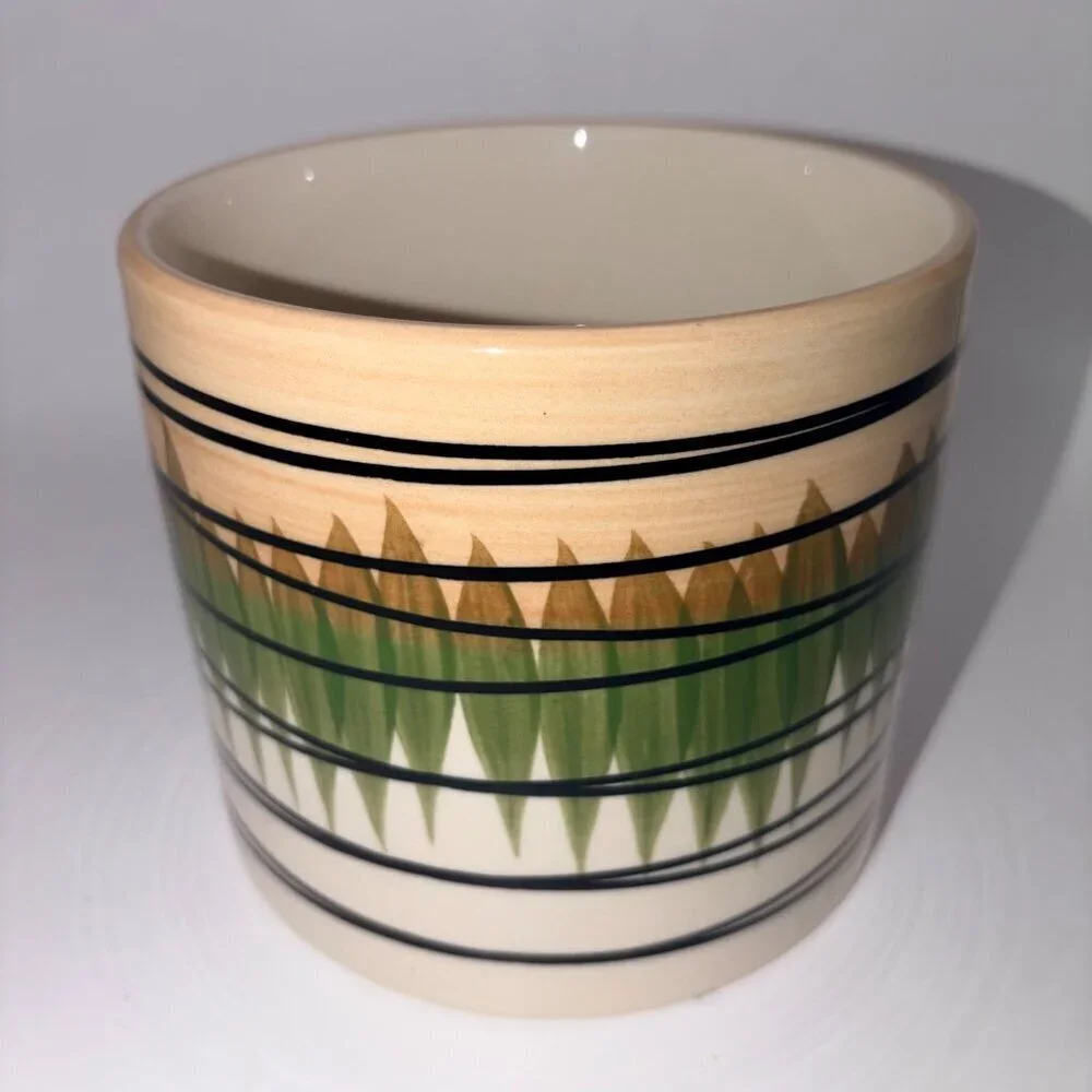 Vintage Ceramic Planter Pot Green Black Geometric Striped Boho Cachepot 5.75”